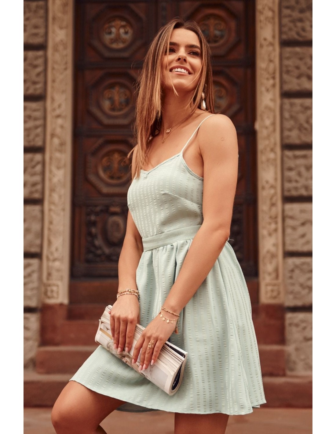 Striped dress tied at the back, mint PR3202 - Online store - Boutique